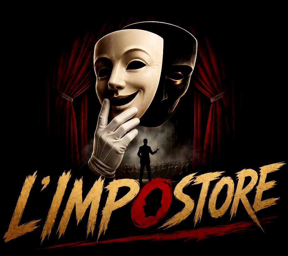 L’Impostore — la maschera bianca sollevata da una mano guantata, su un palco col sipario rosso